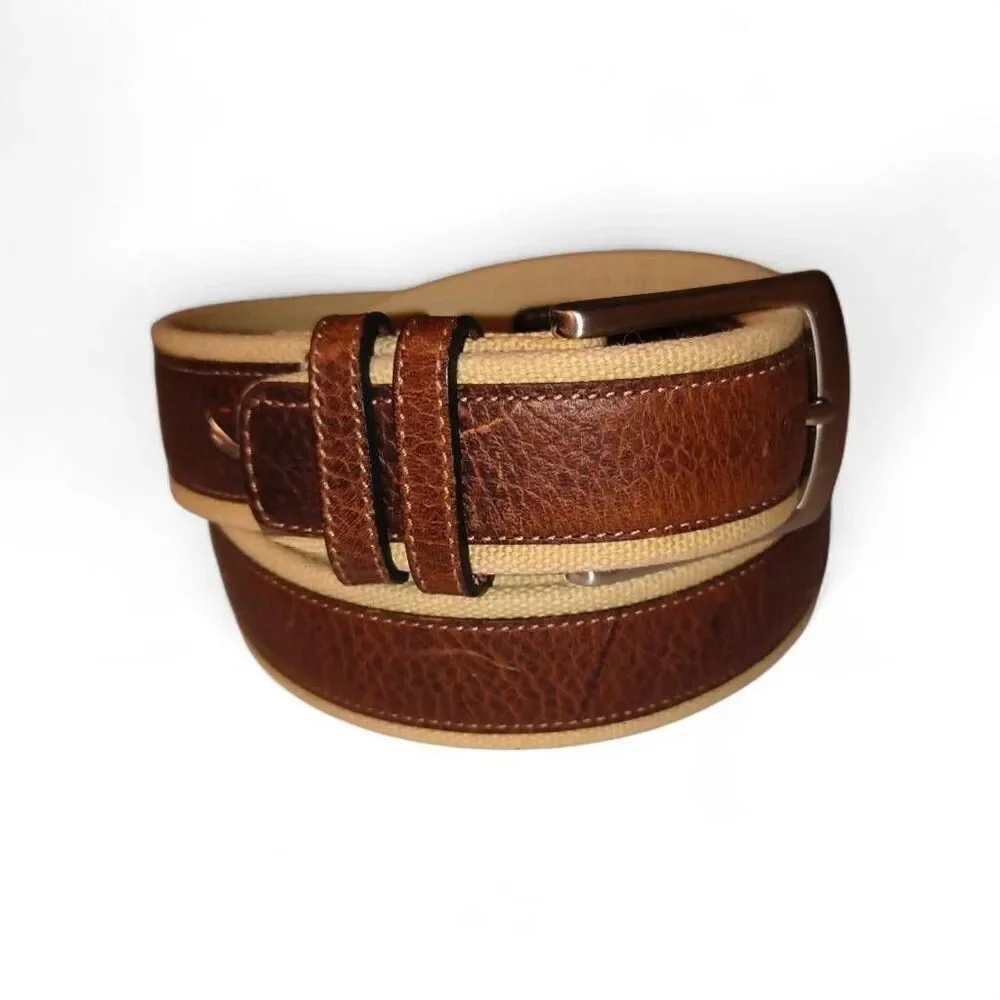 Nautica leather canvas webbing belt J-class sailboat logo brown pebbled leather